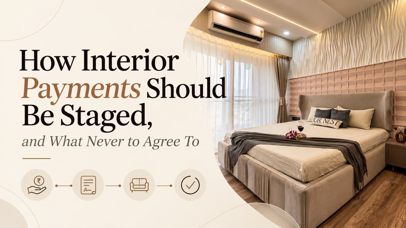 Title card for the guide: How Interior Payments Should Be Staged, and What Never to Agree To — beside a completed Pune bedroom by Divya Jain Interiors, with icons for the four payment stages.