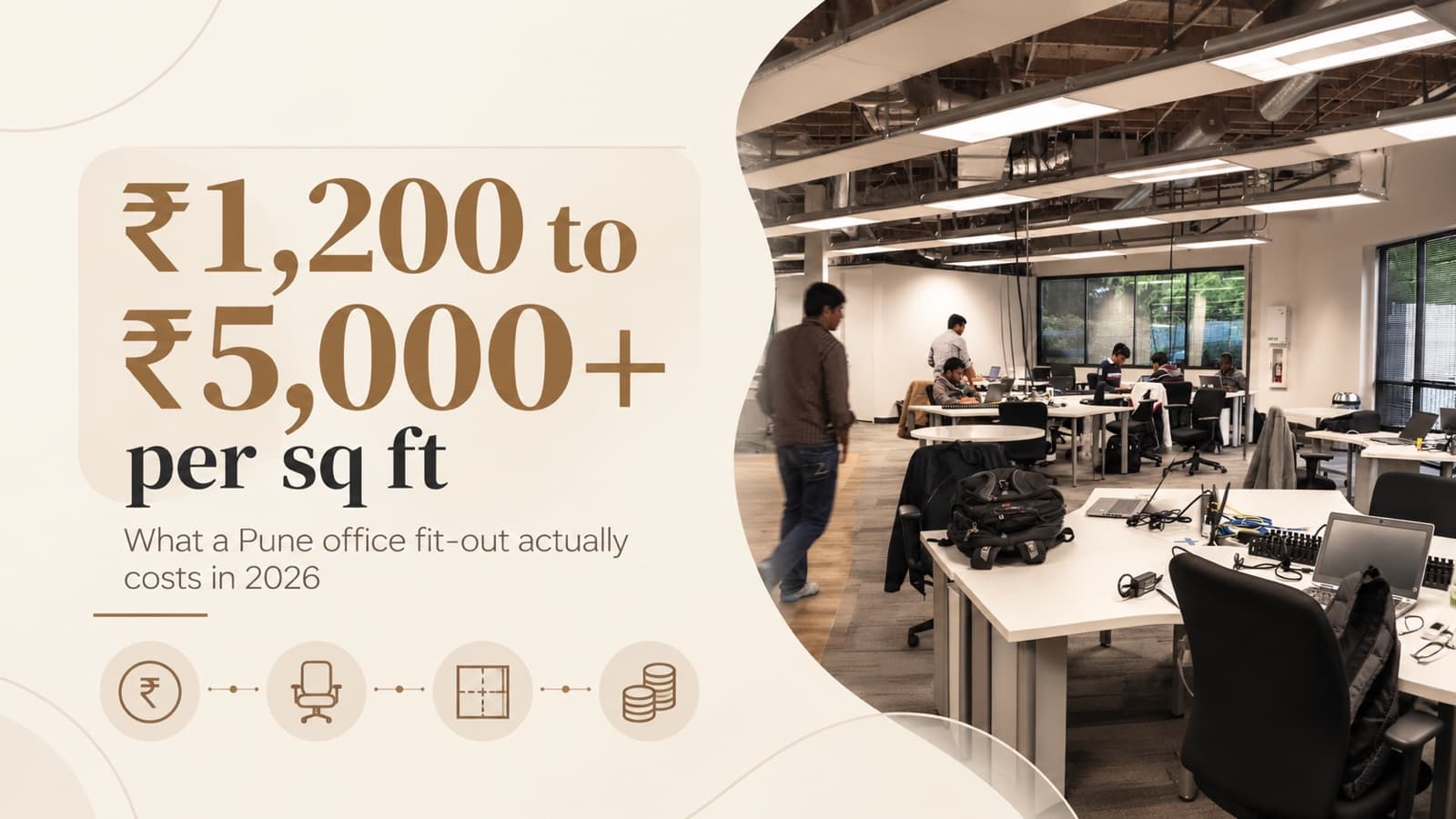 Title card reading ₹1,200 to ₹5,000+ per sq ft, what a Pune office fit-out actually costs in 2026, beside a photograph of an open-plan office with rows of desks and an exposed services ceiling.