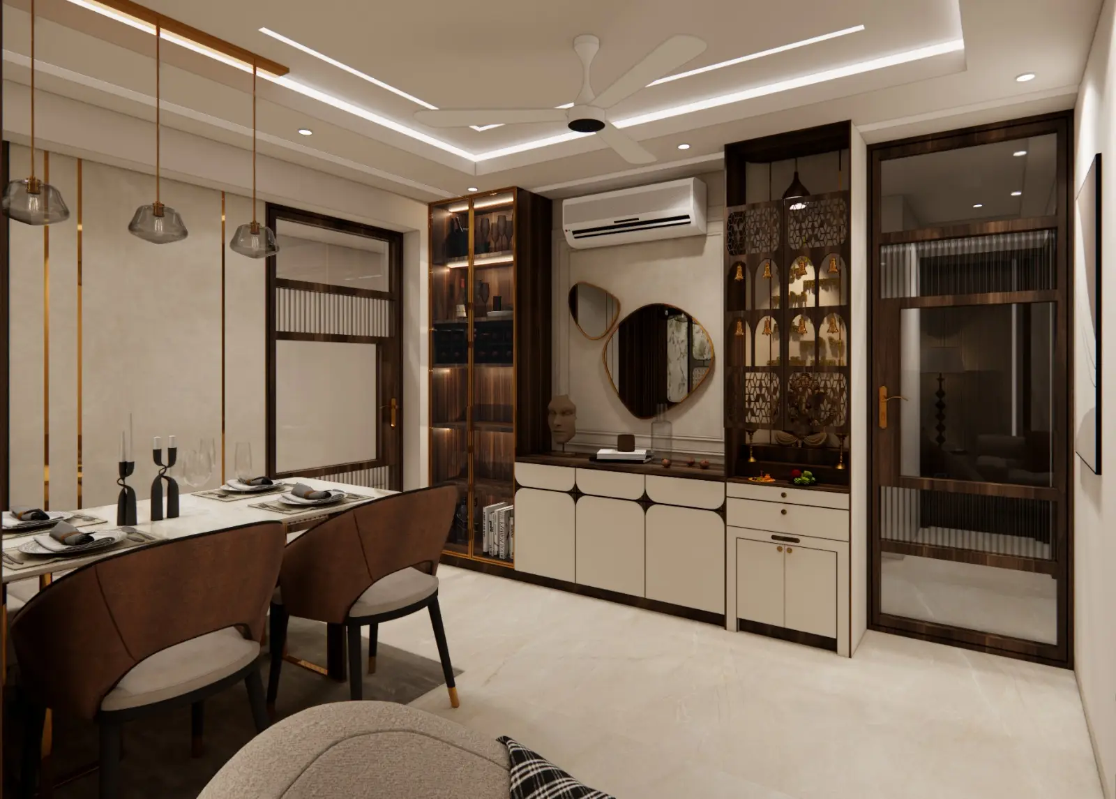 Dining area of a Pune 3BHK by Divya Jain Interiors, with a crockery unit, pooja unit, cove-lit false ceiling and custom woodwork.